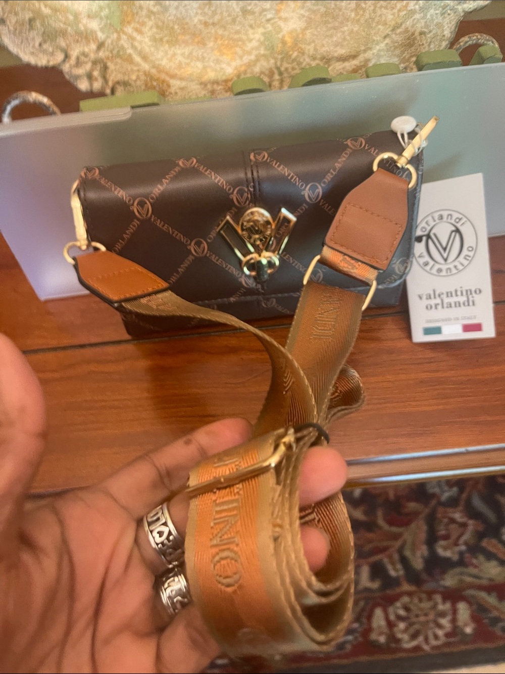 Valentino Orlandi Brown Leather Messenger Bag with Logo Strap - Picture 2 of 5